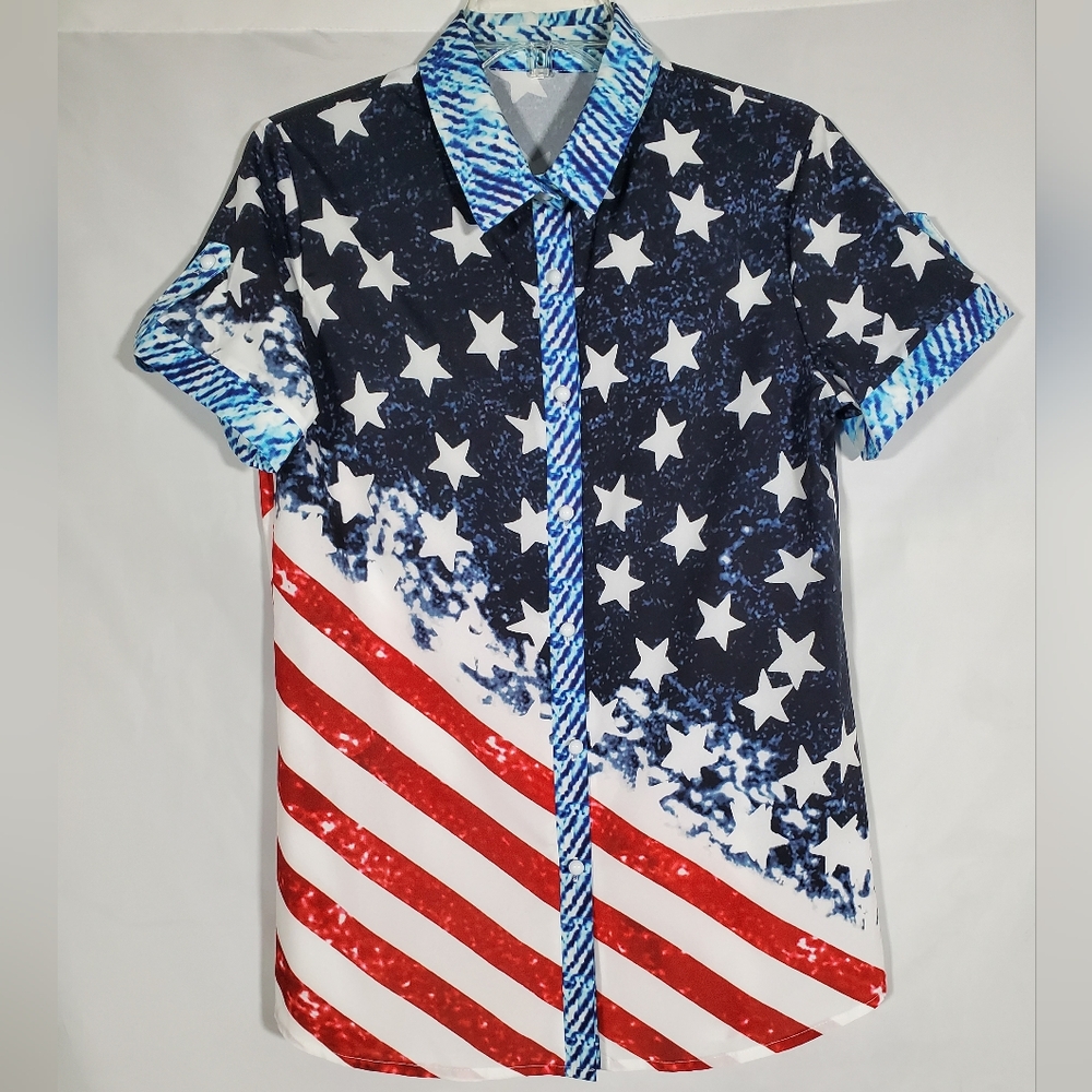 STARS & STRIPES AMERICAN FLAG BUTTON DOWN PATRIOTIC SHIRT USA 4TH OF JULY!